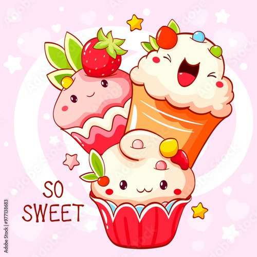 Card with cute dessert in kawaii style. Cake, muffin and cupcake with whipped cream and berry. Inscription So sweet. Can be used for t-shirt print, sticker, greeting card. Vector illustration EPS8