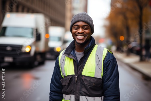 Portrait of a young male African American garbage man