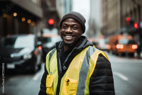 Portrait of a young male African American garbage man