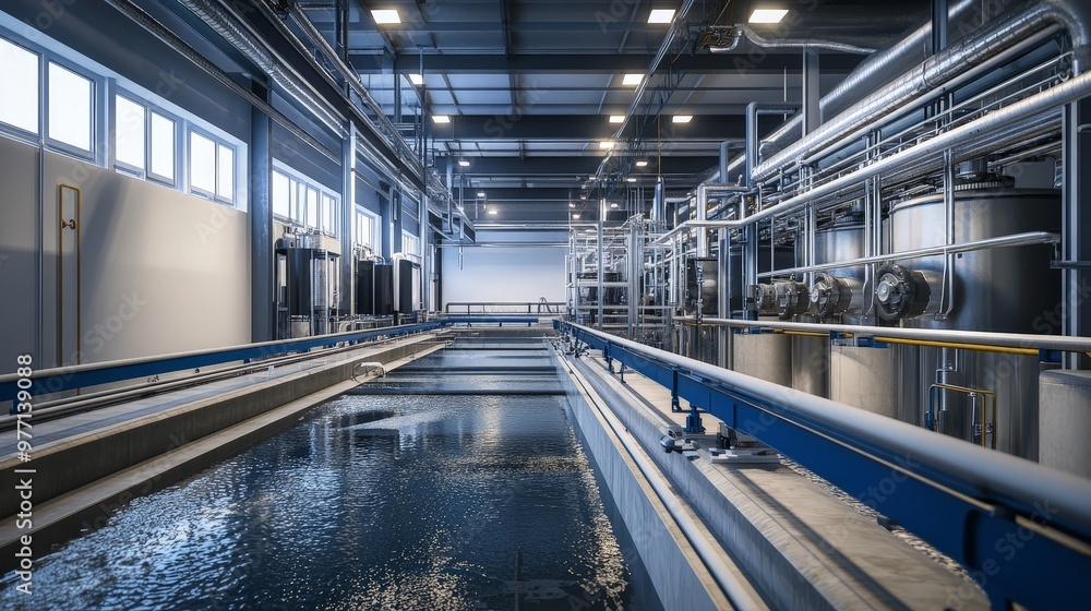 Obraz premium Inside a wastewater treatment facility, the equipment is actively engaged in treating and filtering wastewater. 