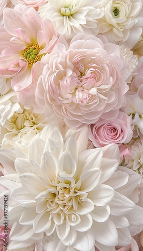 Romantic Floral Background, Pale Pink and White Roses, Peonies, and Dahlias in a Lush Bouquet