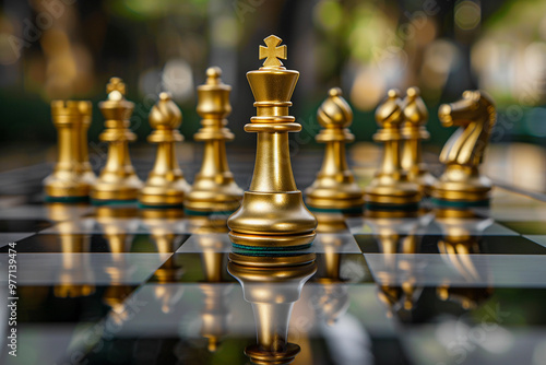 Beautiful chess piece standing on checkered game board during strategic game of chess