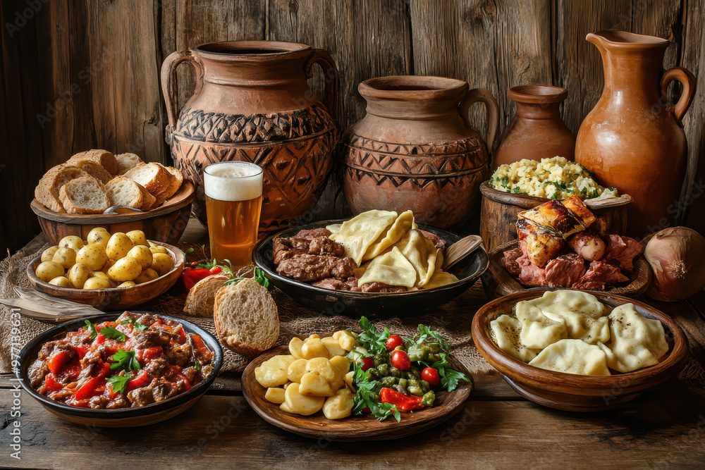A rustic medieval-style table set with traditional Slavic dishes, including pierogi and meat. The background features an old wooden wall with texture.