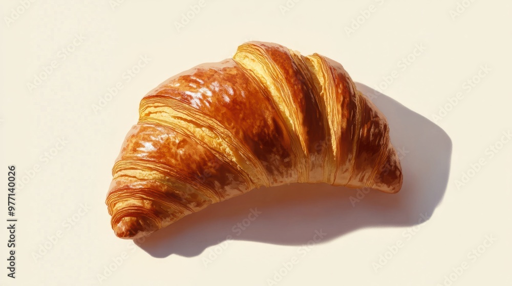 A fresh croissant with golden brown layers, sitting on a white background, casting a small shadow. A fresh croissant with golden brown layers, sitting on a white background, casting a small shadow.
