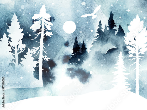 Watercolor vector snowy landscape with isolated coniferous forest, owl, river in blue colors. Nature winter illustration with snowfall in the forest. Design for christmas card, gift card, poster