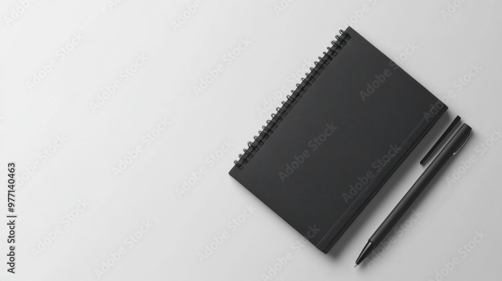 A minimalistic black notebook and a pen placed diagonally on a plain white background. A minimalistic black notebook and a pen placed diagonally on a plain white background.