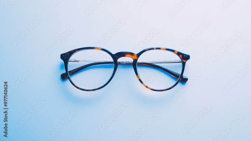 A pair of reading glasses folded neatly, lying on a flat white background. A pair of reading glasses folded neatly, lying on a flat white background.