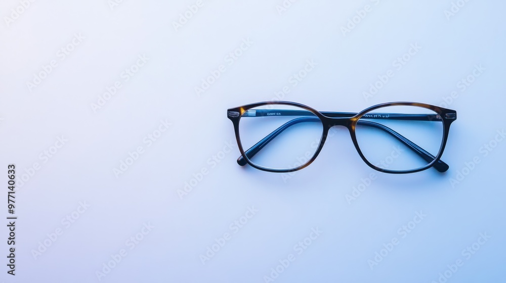 A pair of reading glasses folded neatly, lying on a flat white background. A pair of reading glasses folded neatly, lying on a flat white background.
