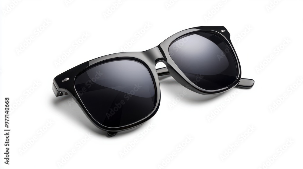 A pair of sunglasses with dark lenses, isolated on a white background, positioned slightly at an angle. A pair of sunglasses with dark lenses, isolated on a white background, positioned slightly at an angle.
