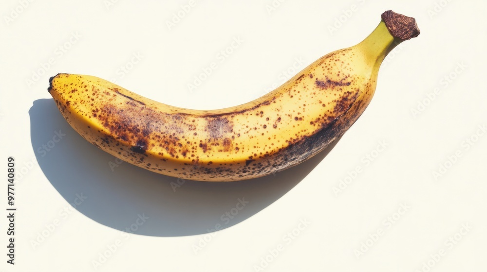 A perfectly ripe banana, isolated on a white background, with soft shadows giving depth. A perfectly ripe banana, isolated on a white background, with soft shadows giving depth.