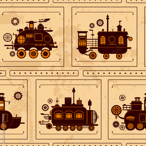 Seamless pattern with steam engine machines. Tiling pattern with steampunk style steam powered carriage silhouettes. Endless texture can be used for pattern fills, web page background, fabric texture
