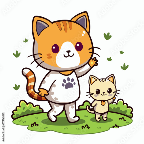 Caring Orange Cat and Tiny Yellow Kitten Walking Together on Grass