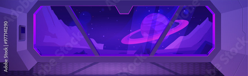 Vector illustration of a cabin with a window overlooking the planet Jupiter for a game