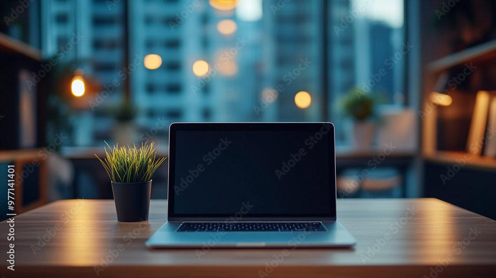 A modern workspace setup with a laptop and indoor plant during twilight in an urban environment A modern workspace setup with a laptop and indoor plant during twilight in an urban environment