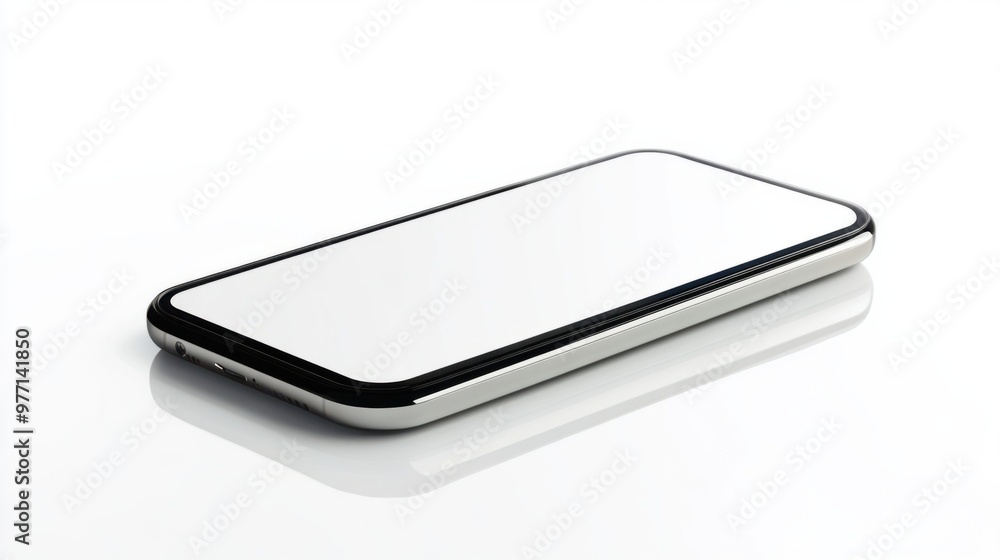 A smartphone with a blank screen, placed flat on a white background, with a slight reflection. A smartphone with a blank screen, placed flat on a white background, with a slight reflection.