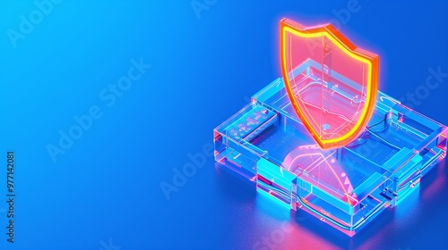 A vibrant digital illustration of a glowing shield symbol on a blue background, representing security and protection in technology. photo