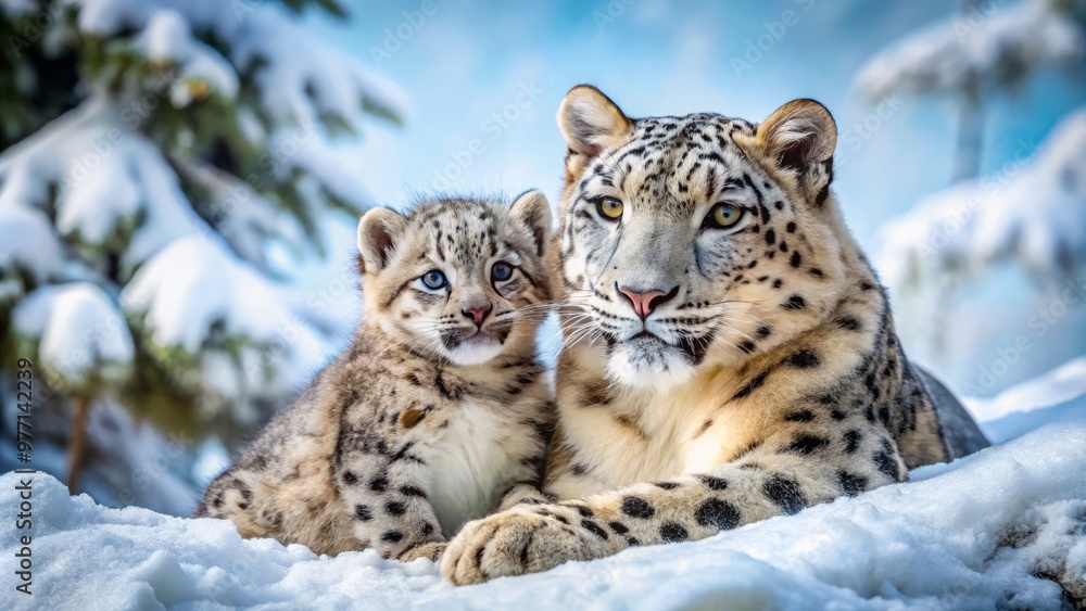 Snuggled up in the snow, a baby snow leopard snuggles close to its mother's warmth, their fur intertwined Snuggled up in the snow, a baby snow leopard snuggles close to its mother's warmth, their fur intertwined