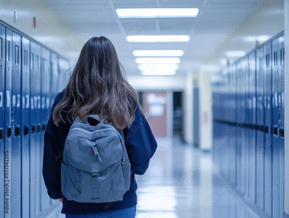 The Back View of a Student Walking Down the School Hallway, Wearing a Uniform and Carrying a Bag on Their Shoulder The Back View of a Student Walking Down the School Hallway, Wearing a Uniform and Carrying a Bag on Their Shoulder