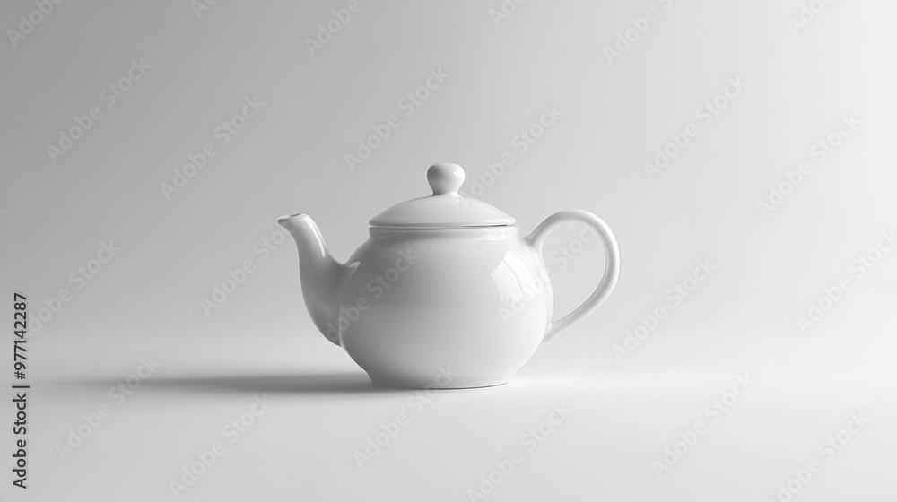 A white ceramic teapot, placed in the center of a bright white background, with the lid slightly open. A white ceramic teapot, placed in the center of a bright white background, with the lid slightly open.