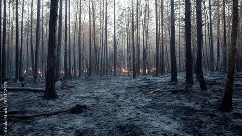 A forest floor covered in ashes after a wildfire, with trees scorched black