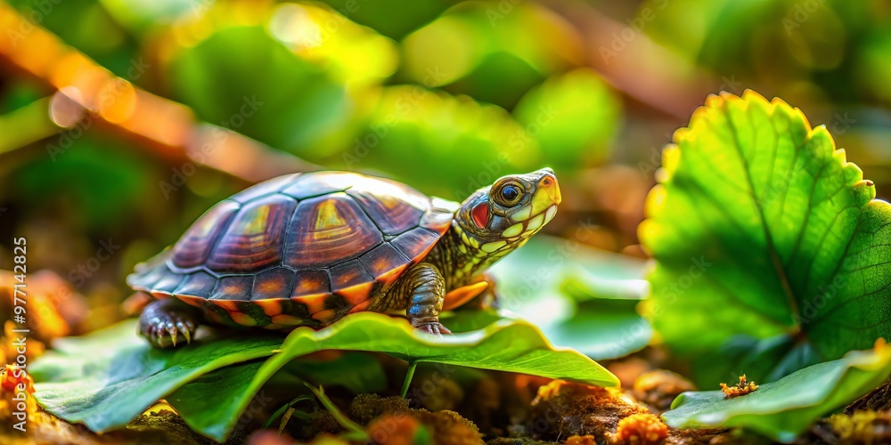 Obraz premium Softly glowing in the sun's warm rays, a small turtle's colorful shell is adorned with intricate patterns, nestled