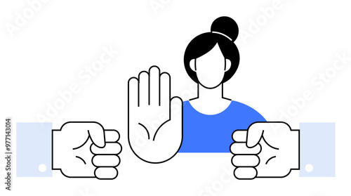 Woman with raised hand stops two fists. Ideal for conflict resolution, peace, anti-bullying, non-violence, assertiveness. Simple, bold style.