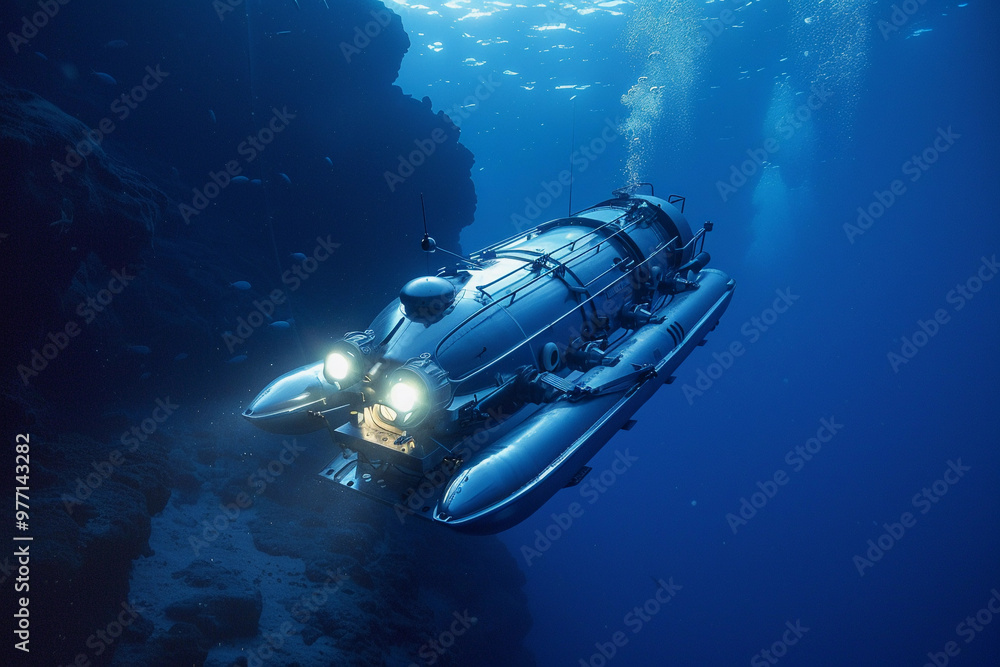 Fototapeta premium Beautiful large bathyscaphe floating in middle of ocean during exploration