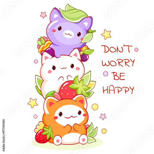 Stack of cute tiny cat with berries. Kawaii kitty with strawberry and blueberry. Inscription Don't worry, be happy. Summer season. Can be used for t-shirt print, sticker, greeting card. Vector EPS8