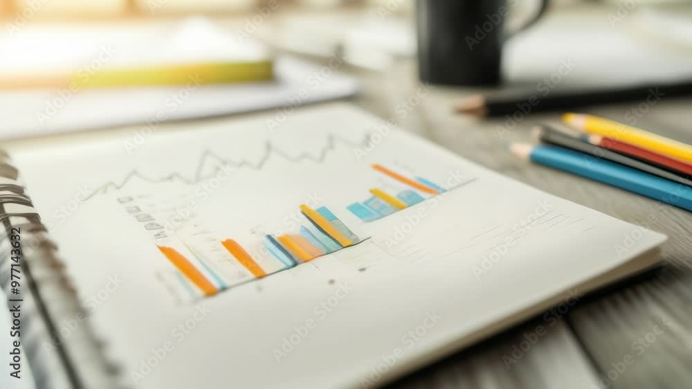 Business chart with rising bar graphs on a notepad, surrounded by pencils and documents. Ideal for financial analysis and market trends. Business chart with rising bar graphs on a notepad, surrounded by pencils and documents. Ideal for financial analysis and market trends.