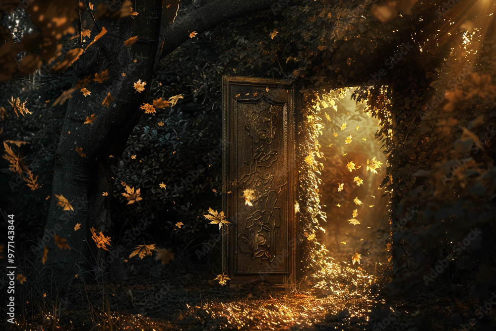 A fantastically beautiful door in forest leading to the unknown A fantastically beautiful door in forest leading to the unknown