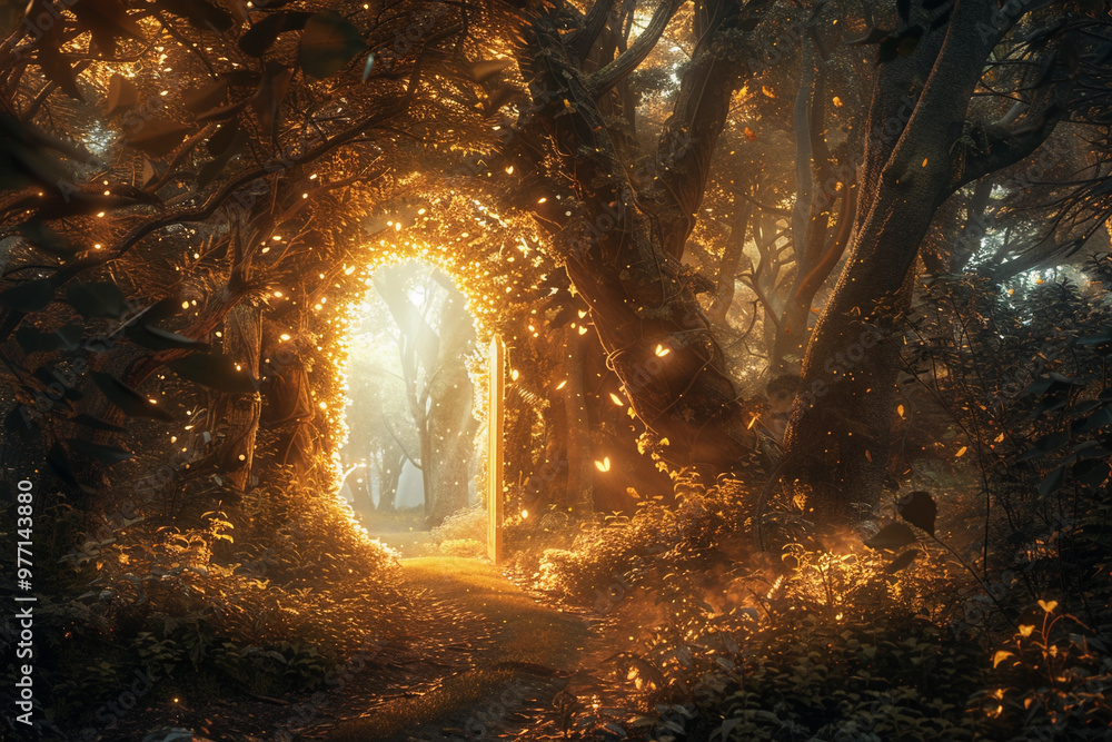 Fototapeta premium A fantastically beautiful door in forest leading to the unknown