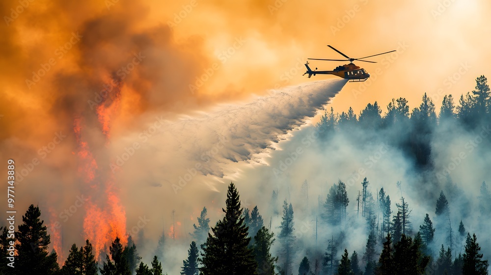A helicopter dropping water on a large forest fire with smoke billowing upward A helicopter dropping water on a large forest fire with smoke billowing upward
