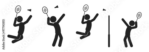 Bundle isolated sport pictogram badminton, stick figure smash symbol
