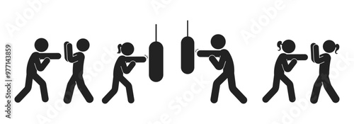 Bundle sport pictogram, boxing icon, man punch on a sandbag, fitness synbol