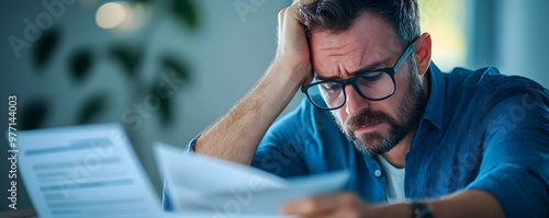 Stressed business owner reviewing fake invoice discovering corporate fraud victim