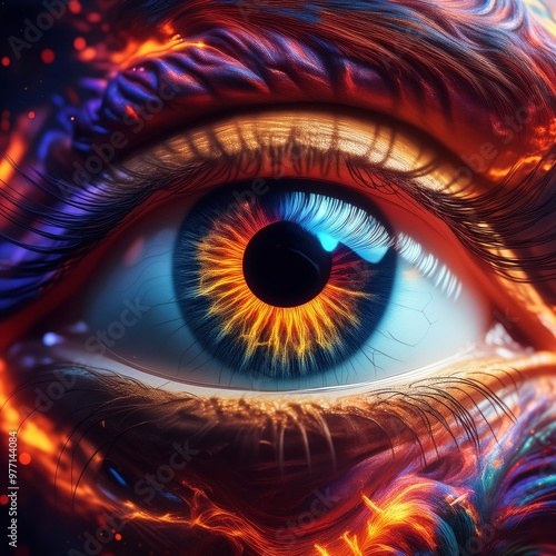 Terrified Eye Reflecting Fire and Chaos – Internal Turmoil and Anxiety