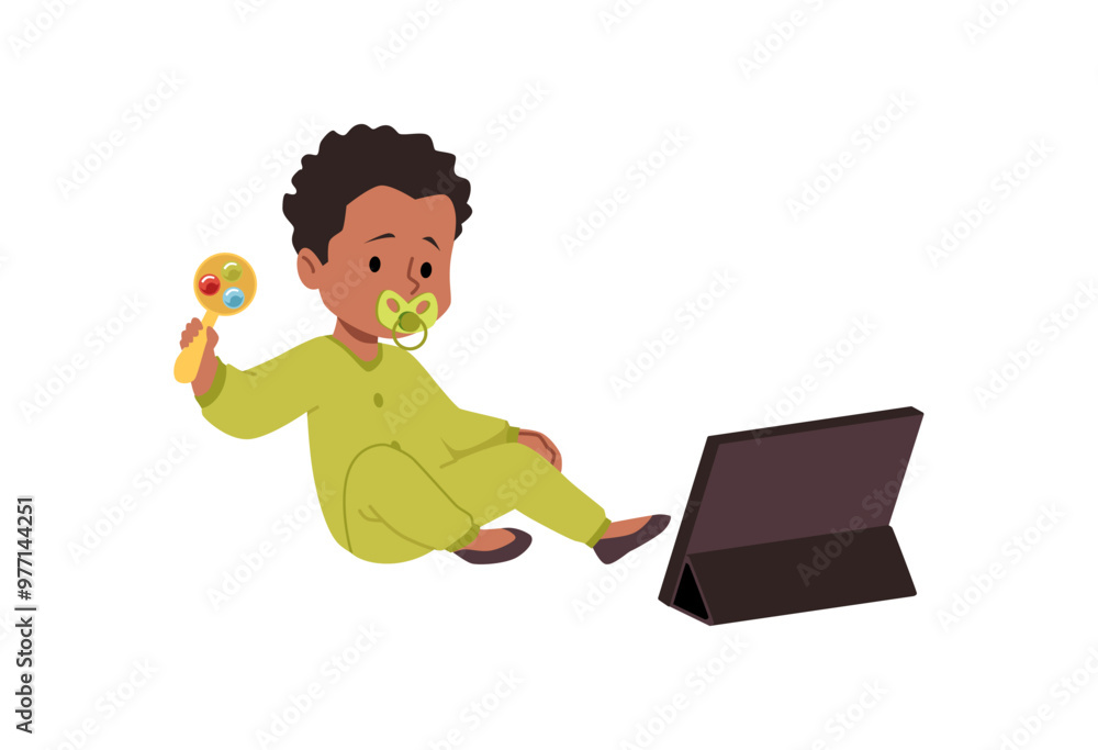 Cute baby with rattle and pacifier sitting and looking at smartphone or tablet device, vector little boy using gadget Cute baby with rattle and pacifier sitting and looking at smartphone or tablet device, vector little boy using gadget