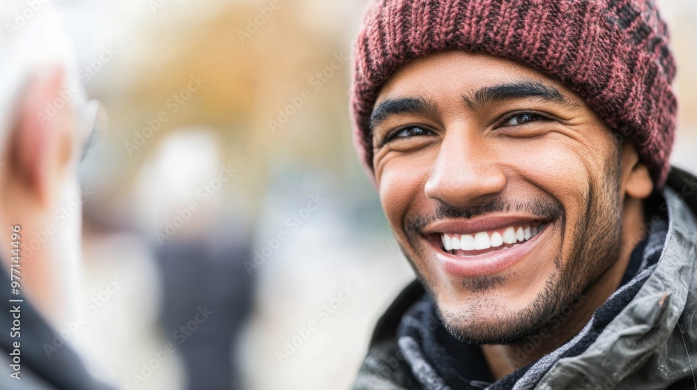Smiling Young Man in Winter Attire Enjoying Friendly Conversation Outdoors Smiling Young Man in Winter Attire Enjoying Friendly Conversation Outdoors