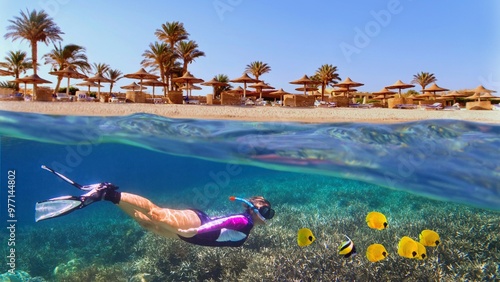 Canvas Print Woman snorkeling near tropical coral reef