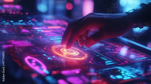 Employees using AI-powered collaborative tools, close-up on glowing holographic interface, vibrant neon lighting, high-tech lab setting, sharp focus, digital illustration.