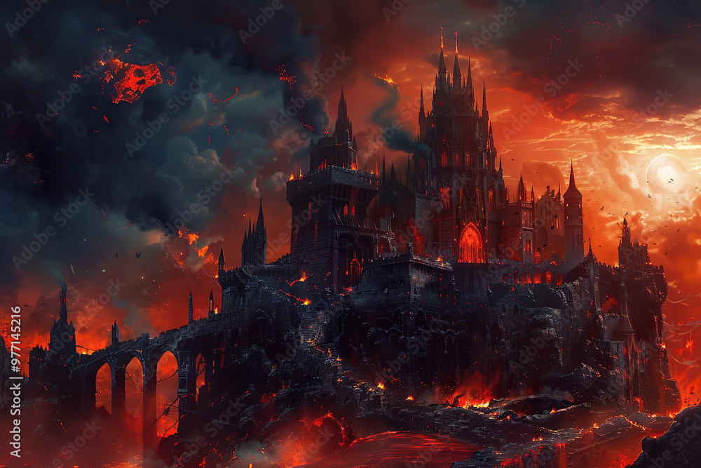 Scary sinister devil is in hell with dramatic fire lighting on the background Scary sinister devil is in hell with dramatic fire lighting on the background