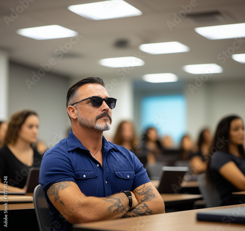 senior student with tattoos in sunglasses on first plan and group of students making notes in classroom; concept of learning, adult education, getting degree, business class; copy space photo