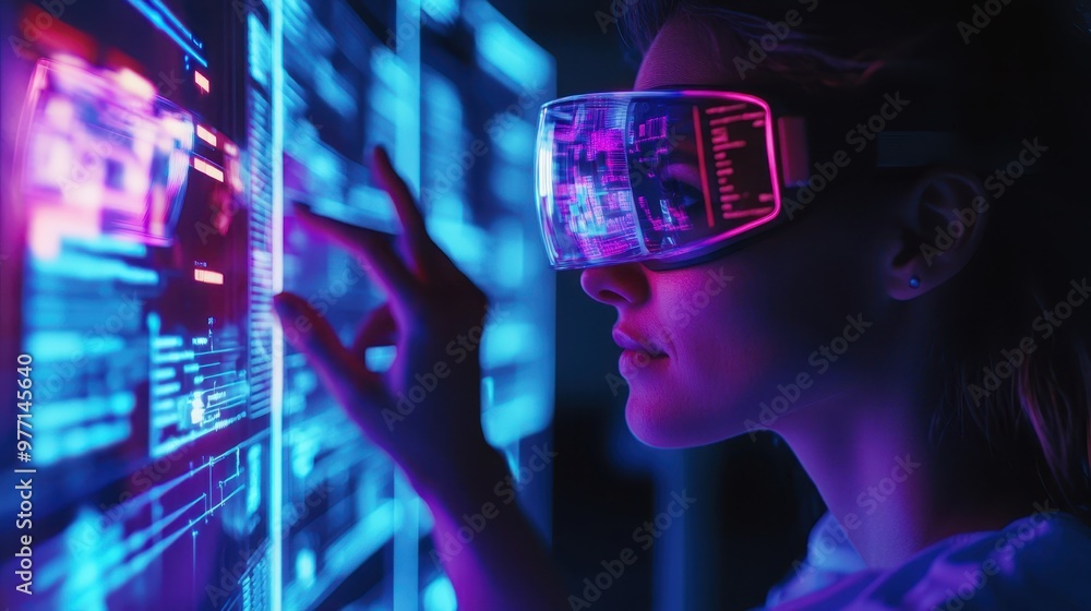Close-up of employee using augmented reality glasses for hands-on training, glowing holographic instructions floating in front, vibrant neon lights, sharp focus, futuristic tech la Close-up of employee using augmented reality glasses for hands-on training, glowing holographic instructions floating in front, vibrant neon lights, sharp focus, futuristic tech la
