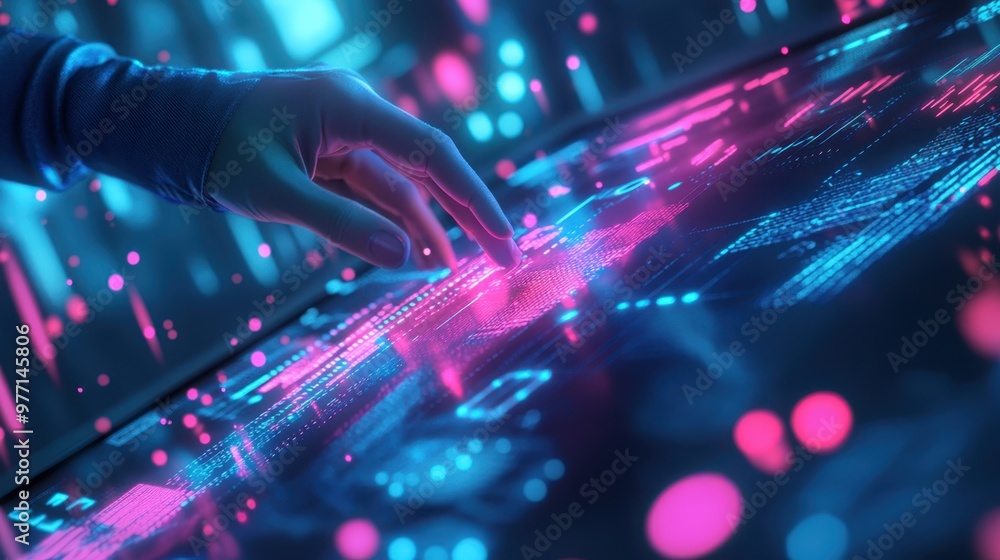 Employee practicing skills on a holographic training interface, close-up, glowing blue and pink data points, sharp focus, sleek tech lab setting, futuristic digital illustration. Employee practicing skills on a holographic training interface, close-up, glowing blue and pink data points, sharp focus, sleek tech lab setting, futuristic digital illustration.