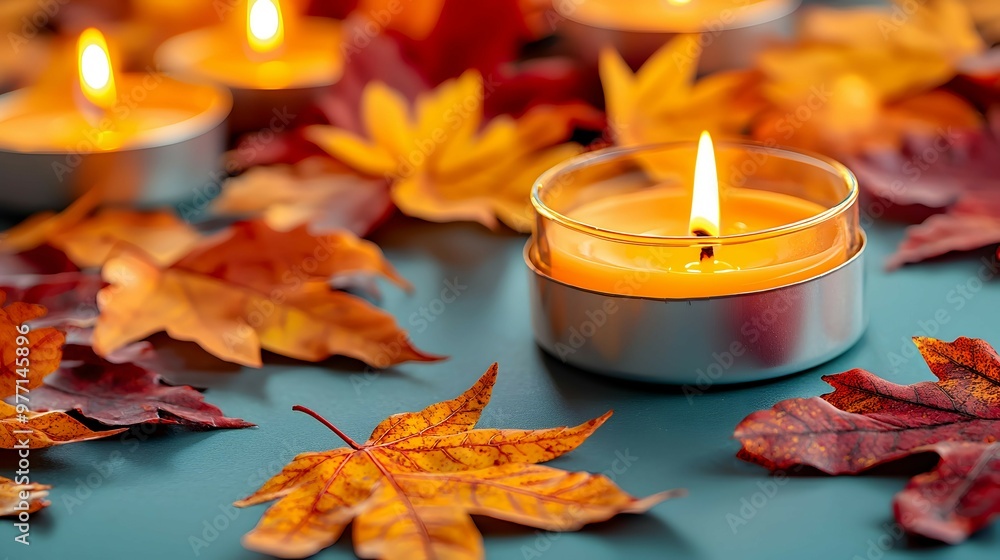 Autumn Leaves and Burning Candle Warm Cozy Atmosphere Autumn Leaves and Burning Candle Warm Cozy Atmosphere