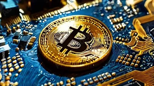Wallpaper Mural Golden Bitcoin cryptocurrency coin on a blue circuit board. Torontodigital.ca