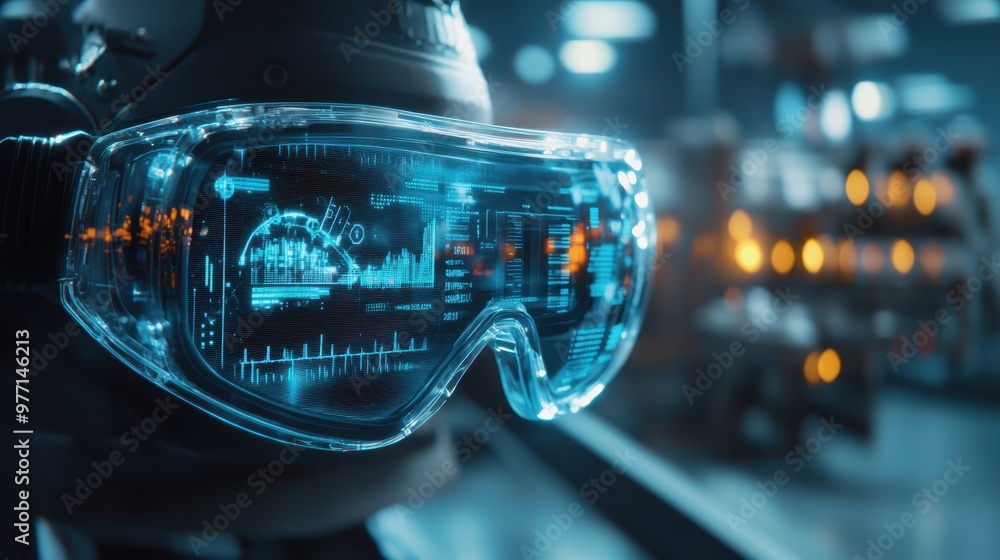 Safety goggles reflecting a glowing holographic interface inspecting a factory machine, deep focus, tech-driven atmosphere, cold blue tones, cinematic lighting. Safety goggles reflecting a glowing holographic interface inspecting a factory machine, deep focus, tech-driven atmosphere, cold blue tones, cinematic lighting.