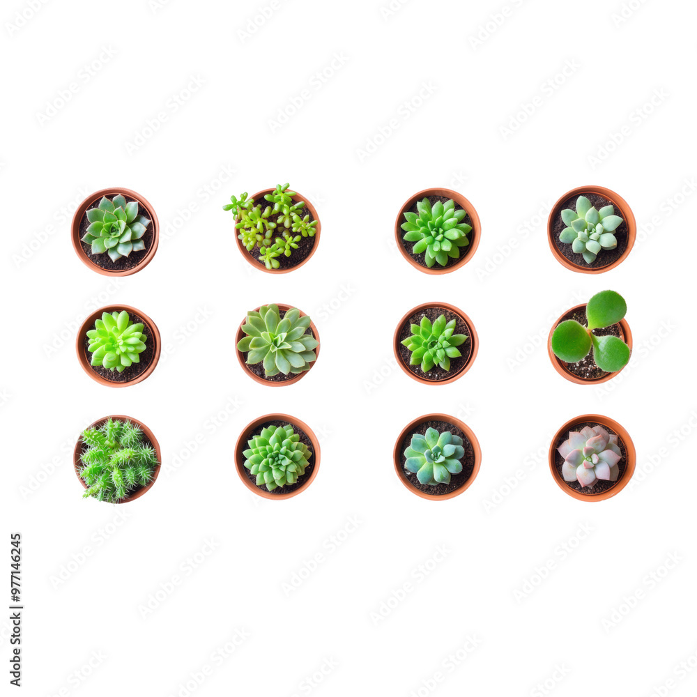 A carefully arranged group of succulents, each with distinct patterns and textures, isolated on a bright white background A carefully arranged group of succulents, each with distinct patterns and textures, isolated on a bright white background