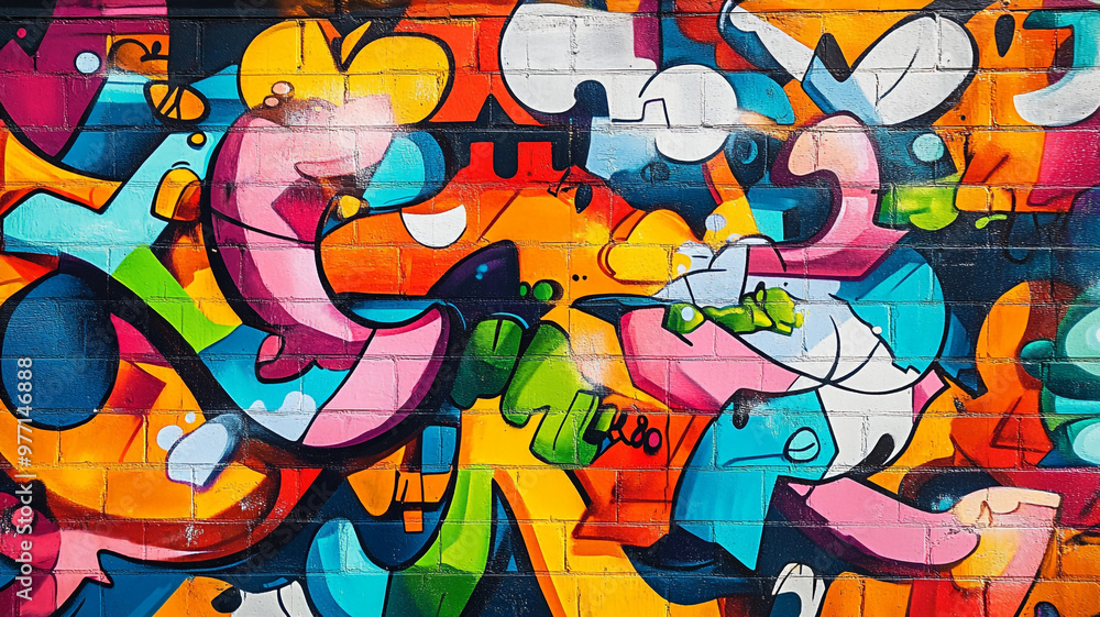 Colorful urban mural featuring abstract graffiti art in a vibrant city setting during daylight Colorful urban mural featuring abstract graffiti art in a vibrant city setting during daylight