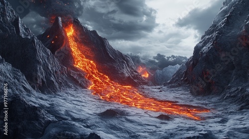 A dramatic scene of molten lava flowing into a glacier. The intense heat of the lava contrasts with the icy coolness of the glacier, creating a visually striking effect.